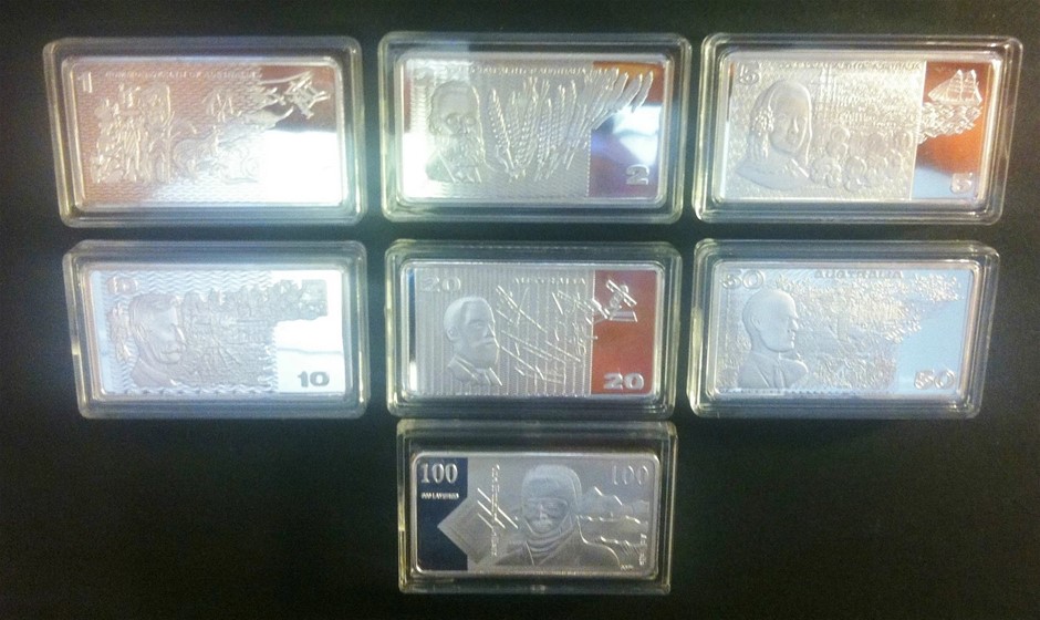 Set of 7 Old Australian Note Series 1oz Silver Plated Ingots