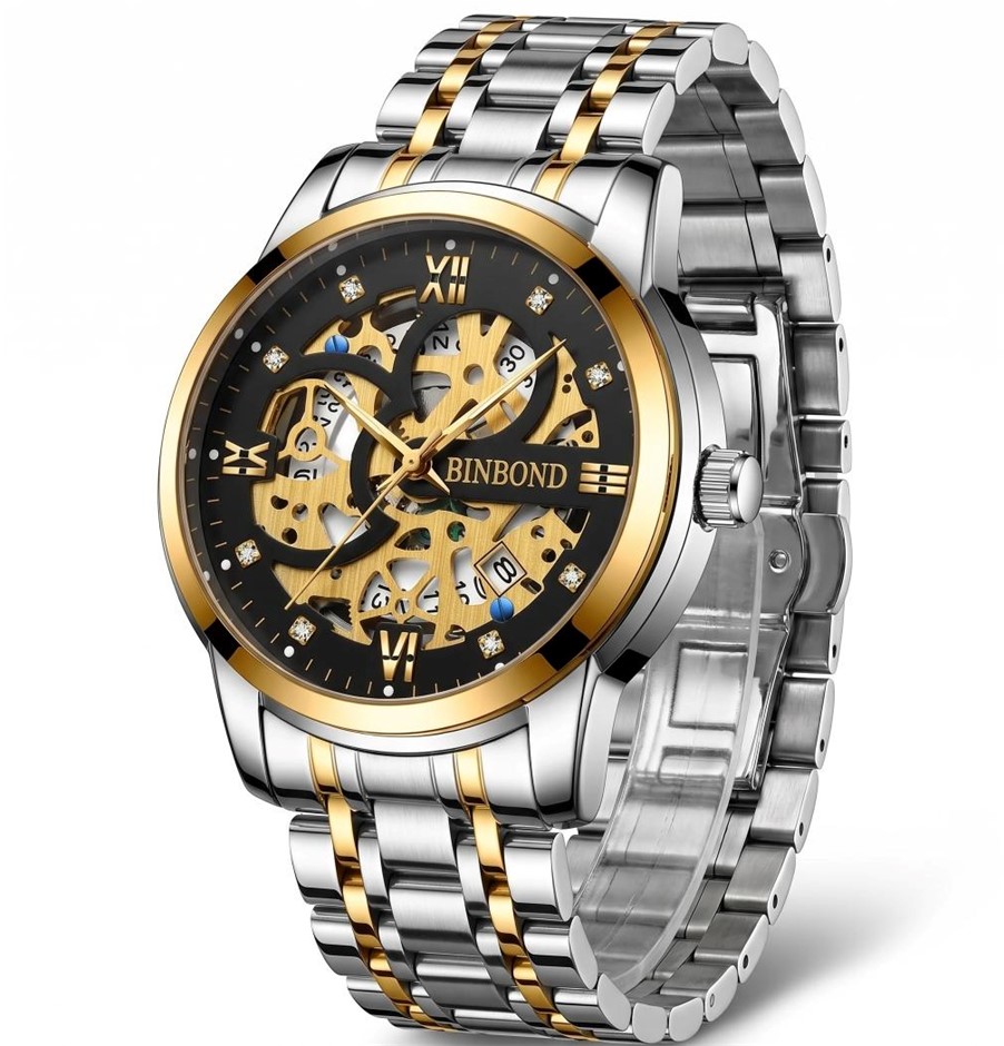 Jewelz Merchants Two-Tone Gold & Silver Skeleton Waterproof Watch