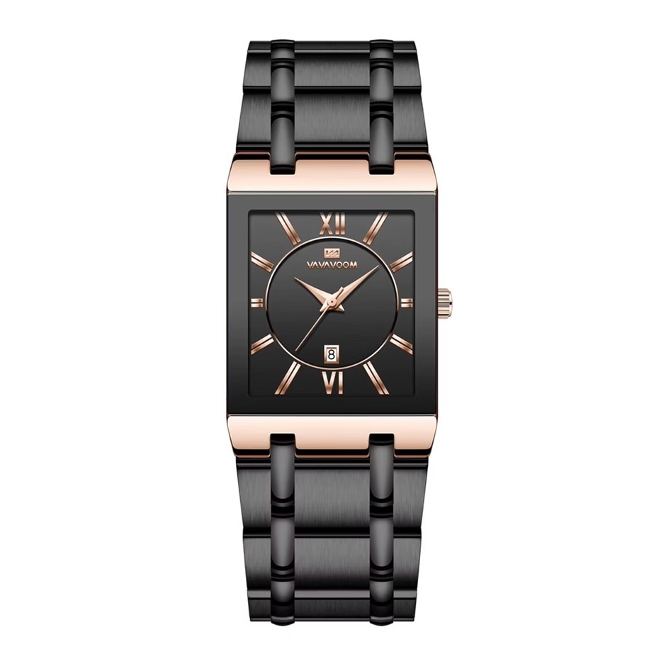 Men Stainless Steel Quartz Watch with Date Calendar - Black/RoseGold