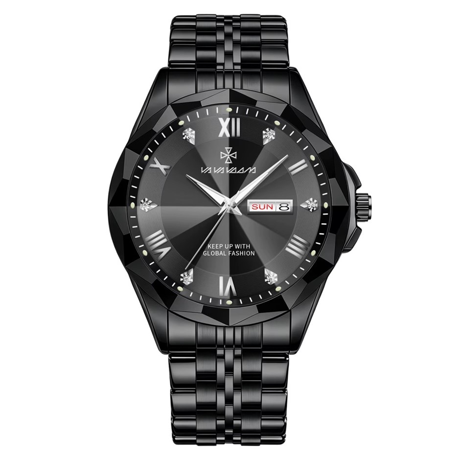 High Quality Simulated Diamond Men's Quartz Watch, Black/Silver