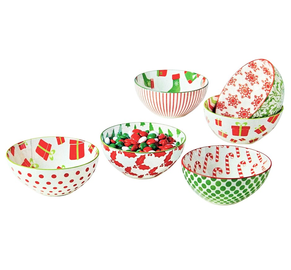 SIGNATURE HOUSEWARES Box of 6pc Winter Frolic Stonerware Bowls, 4.75 Inch.