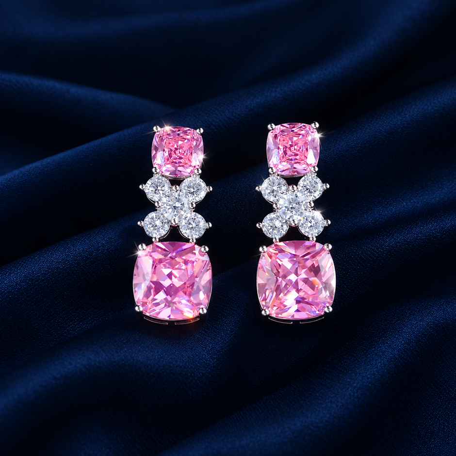 Pink Princess-Cut AAA+ Cubic Zirconia Drop Earrings
