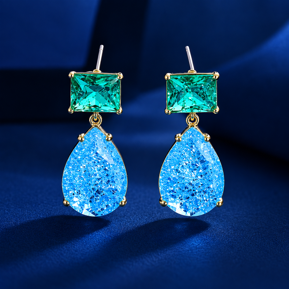 Gold Plated Blue Pear-Cut AAA+ Cubic Zirconia Drop Earrings