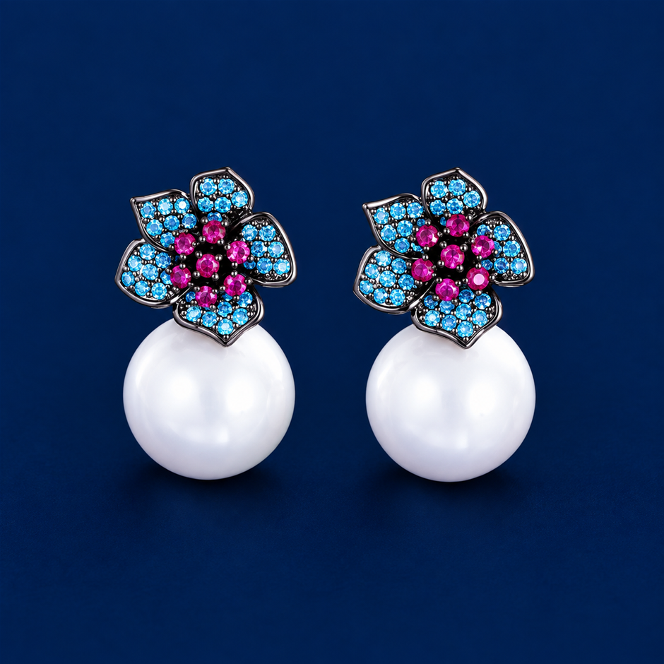 AAA+ Cubic Zirconia Flower Faux Pearl Drop Earrings