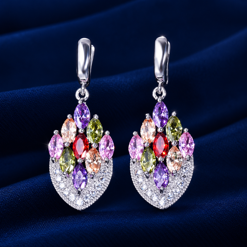 Rhodium Plated Multicolour AAA+ Cubic Zirconia Drop Earrings