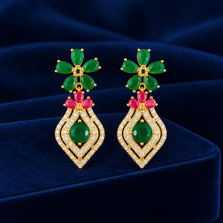 18K Gold Plated AAA+ Cubic Zirconia Flower Drop Earrings