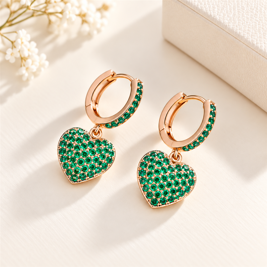 Green AAA+ Cubic Zirconia Heart Huggie Earrings