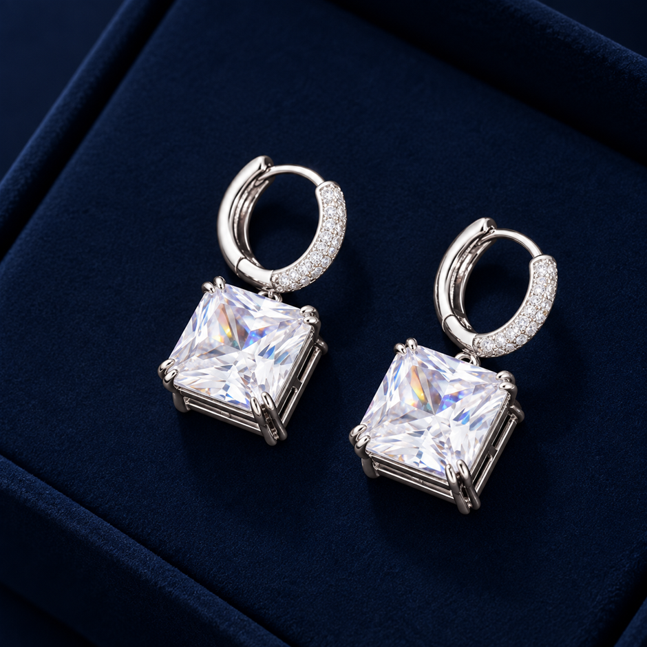 White Princess-Cut AAA+ Cubic Zirconia Drop Earrings