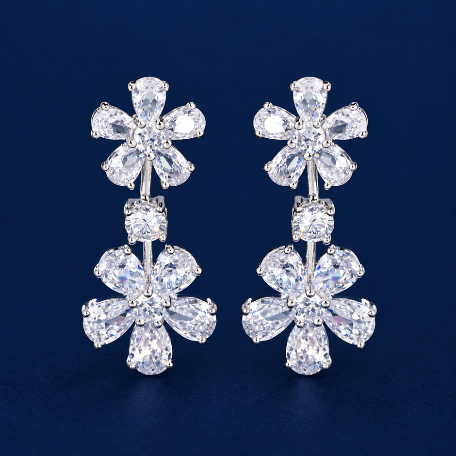 Pear-Cut AAA+ Cubic Zirconia Double Flower Drop Earrings
