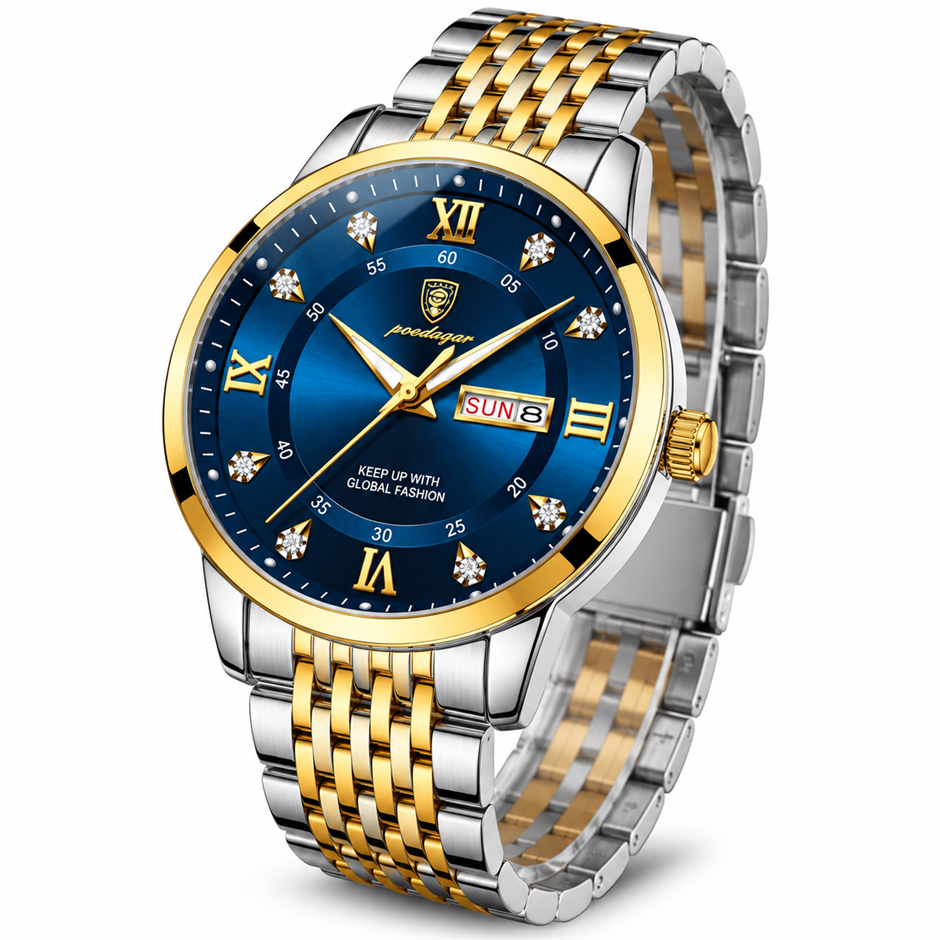 POEDAGAR Men's Two-Tone Blue Dial Quartz Watch with Gift Box – Day Date Dis