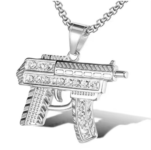 Jewelz Merchants Men’s Silver Tone Gun Pendant + FREE Chain