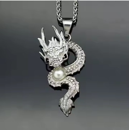 Jewelz Merchants Silver Tone Dragon & Pearl Pendant + FREE Chain