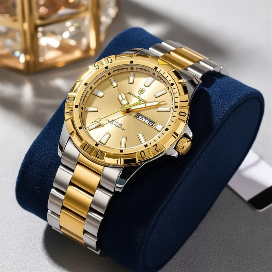 POEDAGAR Men's Two-Tone Gold & Silver Day Date Quartz Watch with Gift Box