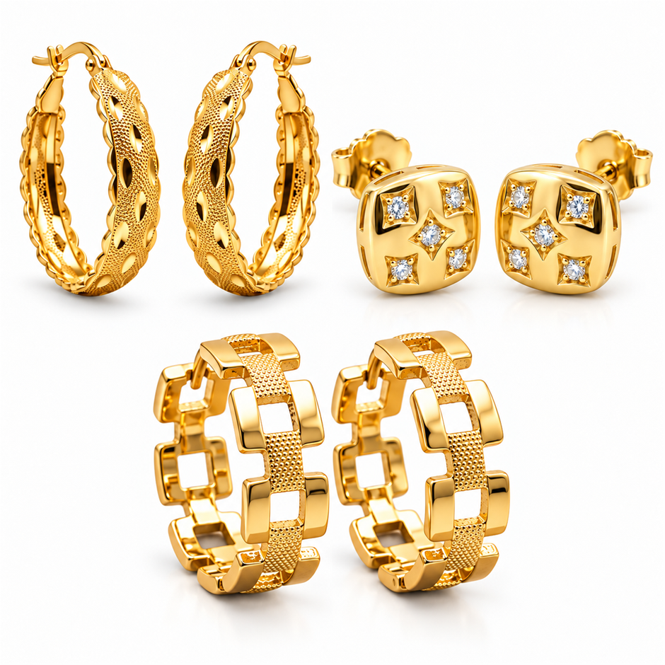 Jewelz Merchants Black Friday Special – 3 Pairs Gold-Plated Hoop Earrings
