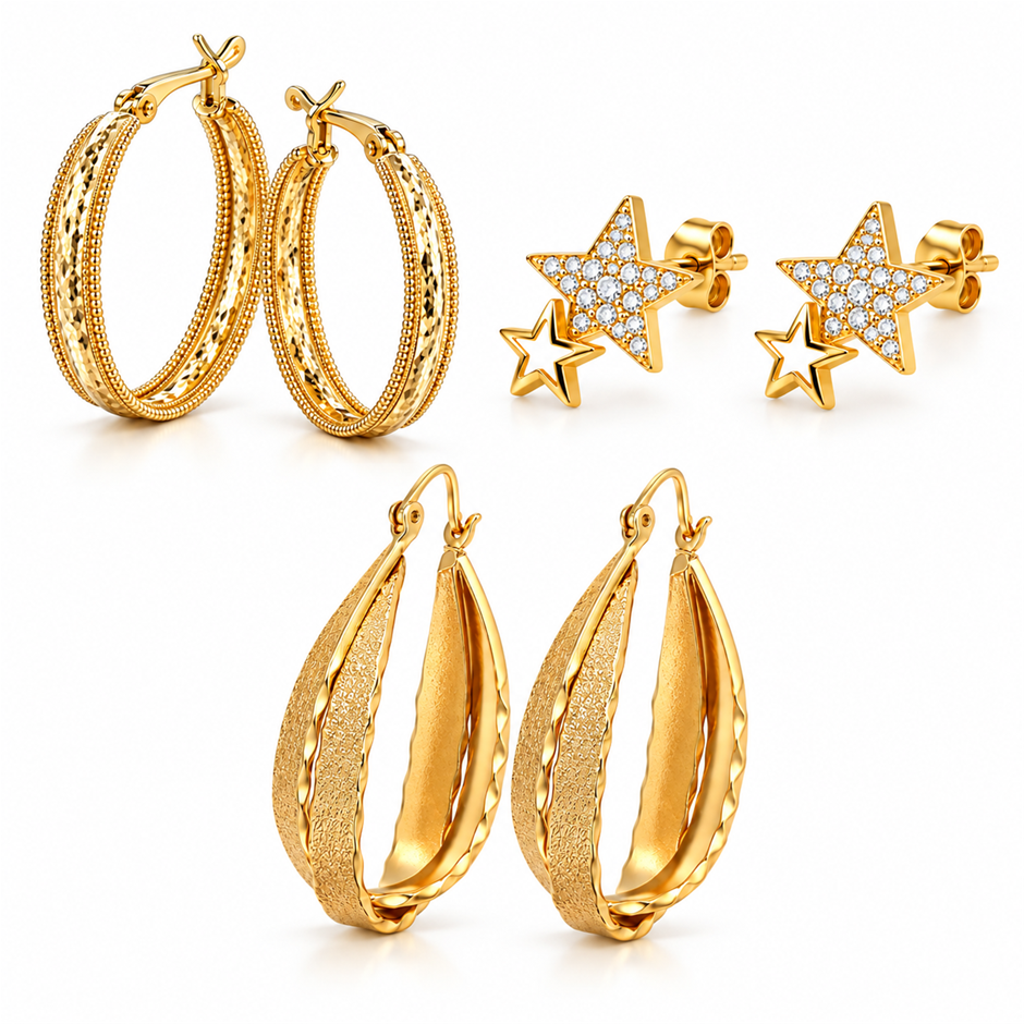 Jewelz Merchants Black Friday Special – 3 Pairs Gold-Plated Hoop Earrings