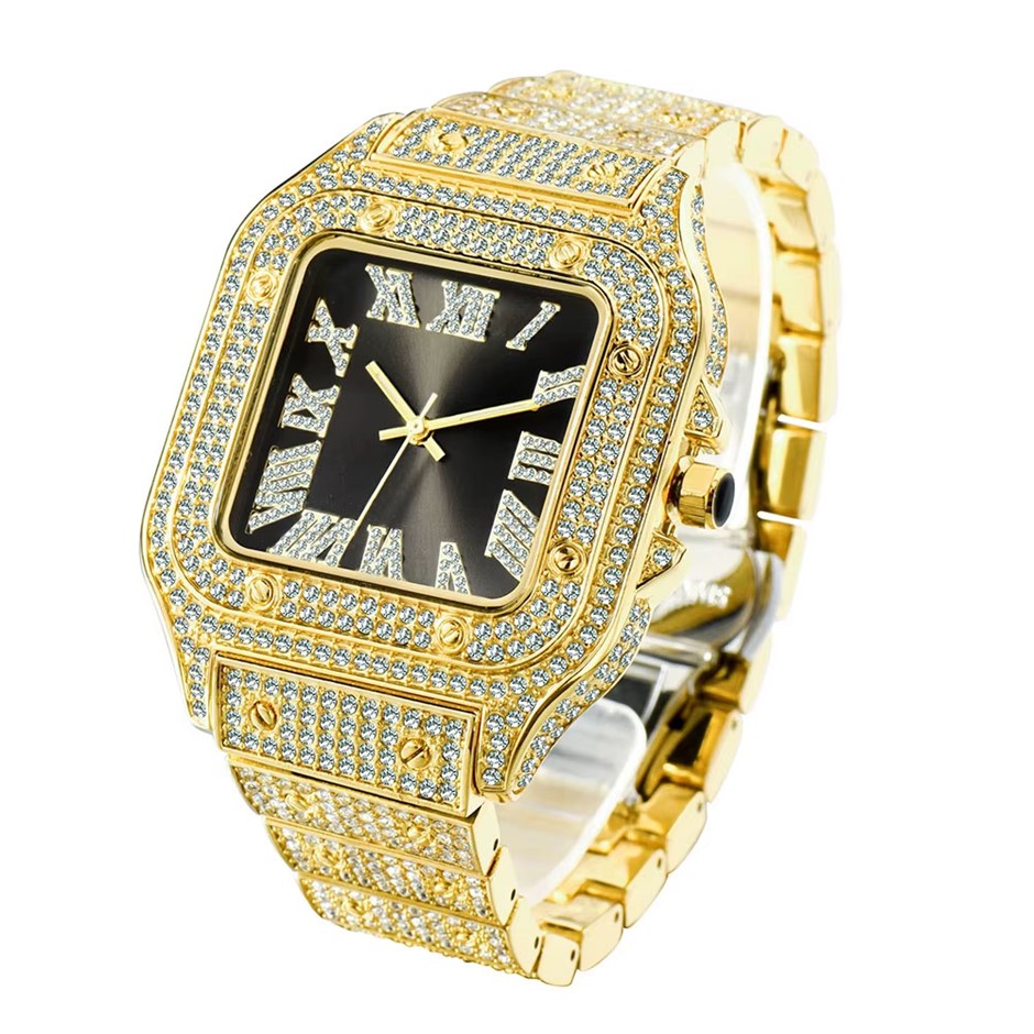 18K Gold Plated, Black Face Iced Out Diamond Quartz Wrist Watch