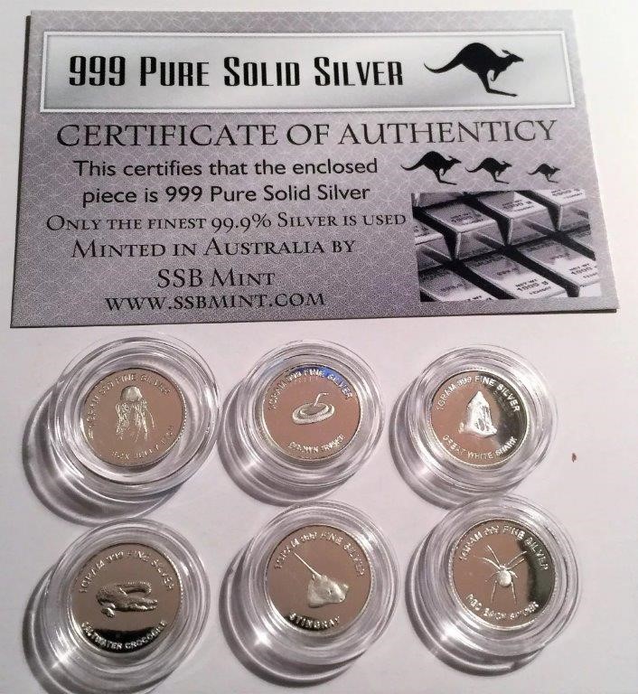 Set Of 6 Pure 999 Silver Coins – 6g Approx. With COA