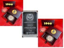 1966 Australia silver 50 cents in box UNC x 2 & 1 Gram Germania Silver bar
