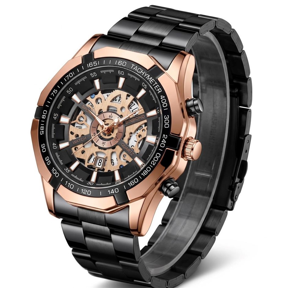 Jewelz Merchants Men’s Black & Rose Gold Skeleton-Style Watch