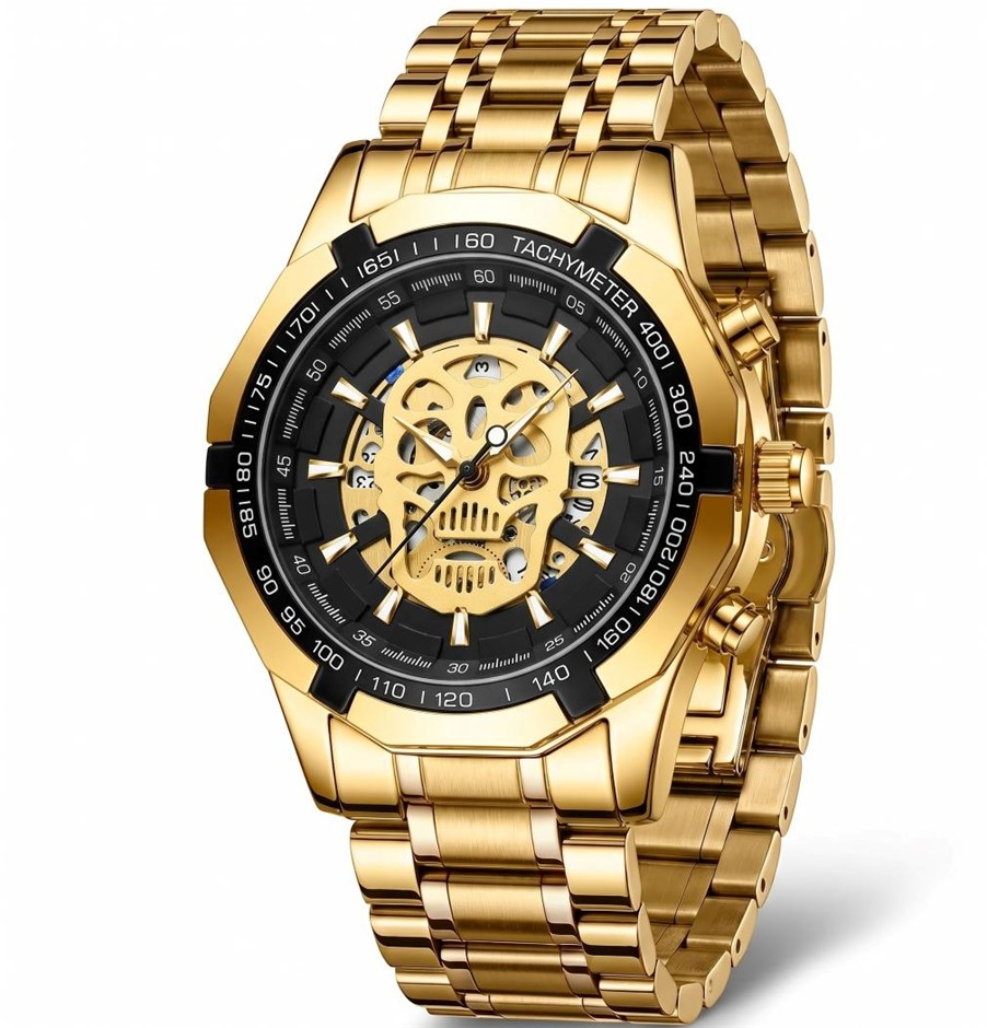 Jewelz Merchants Men’s Gold & Black Skull Skeleton-Style Watch