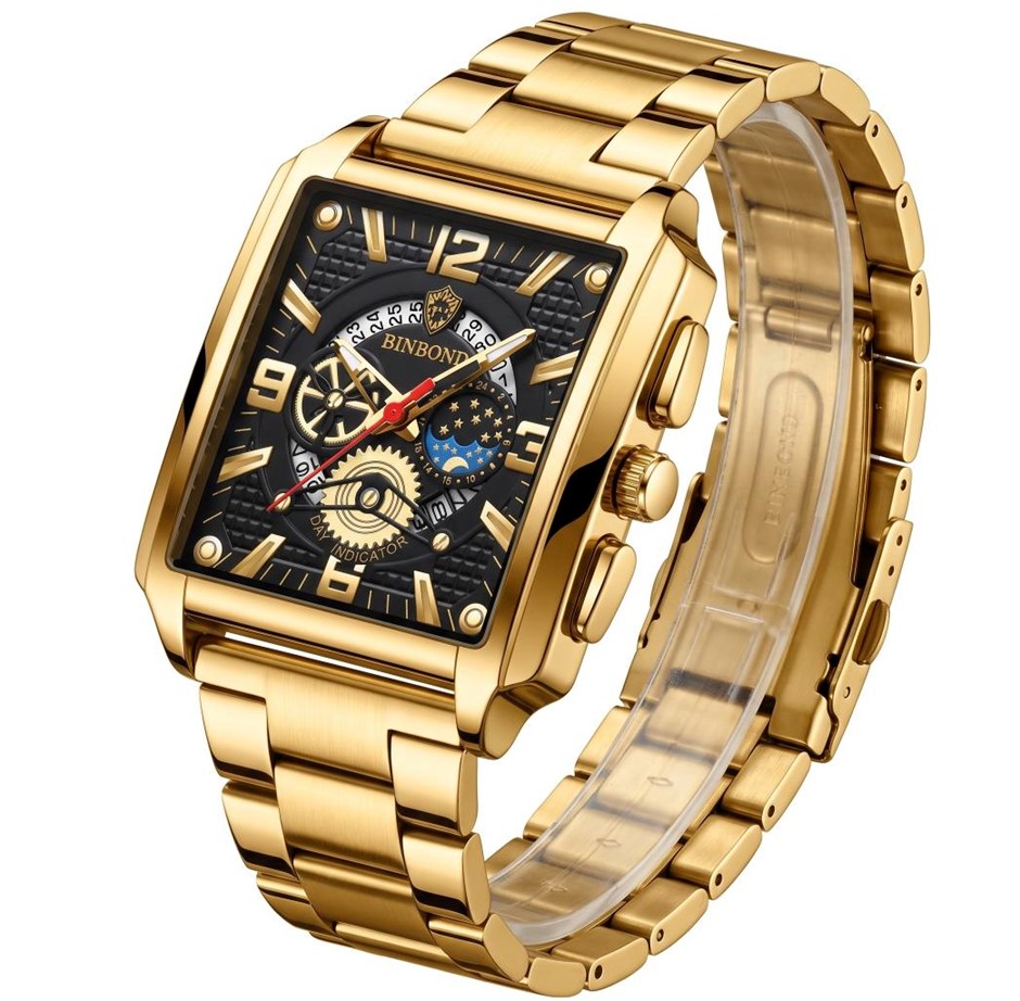 Jewelz Merchants Men’s Luxury Gold Square Multi-Function Waterproof Watch
