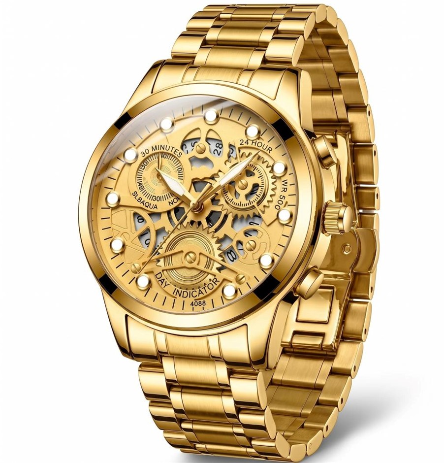 Jewelz Merchants Men’s Gold Skeleton-Style Multi-Function Watch