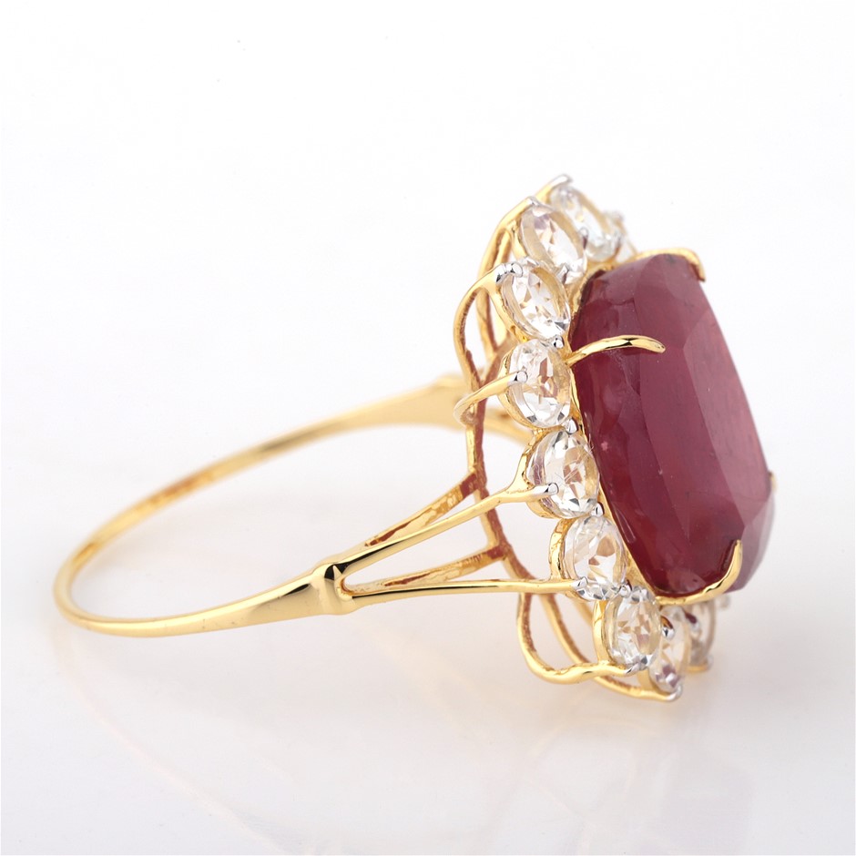 Yellow Gold 8.35ct Cushion Natural Ruby & White Topaz Ring with Valuation