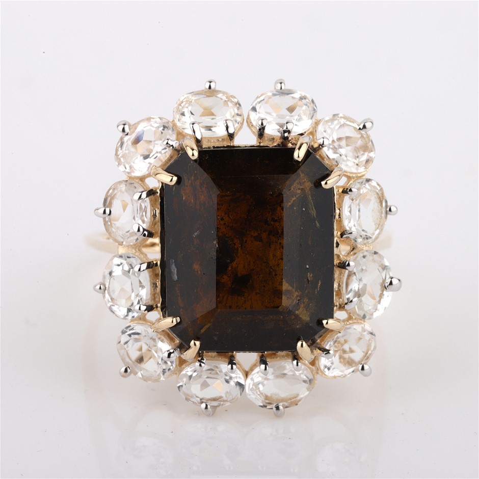 Yellow Gold 5.70ct Octagon Natural Green Tourmaline & White Topaz Ring