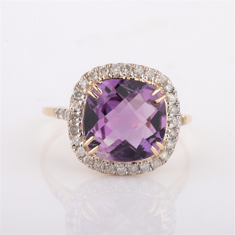 Yellow Gold 2.90ct Cushion Natural Amethyst & Diamond Ring with Valuation