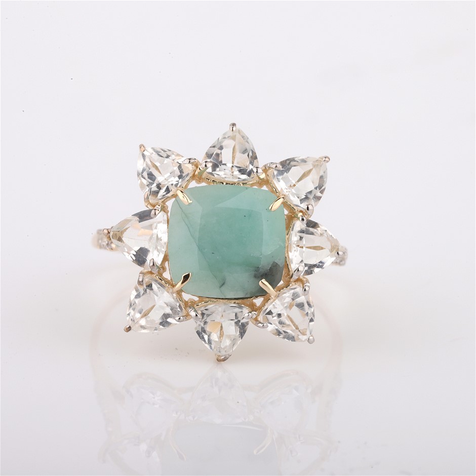 Yellow Gold 1.75ct Cushion Natural Emerald, White Topaz & Diamond Ring
