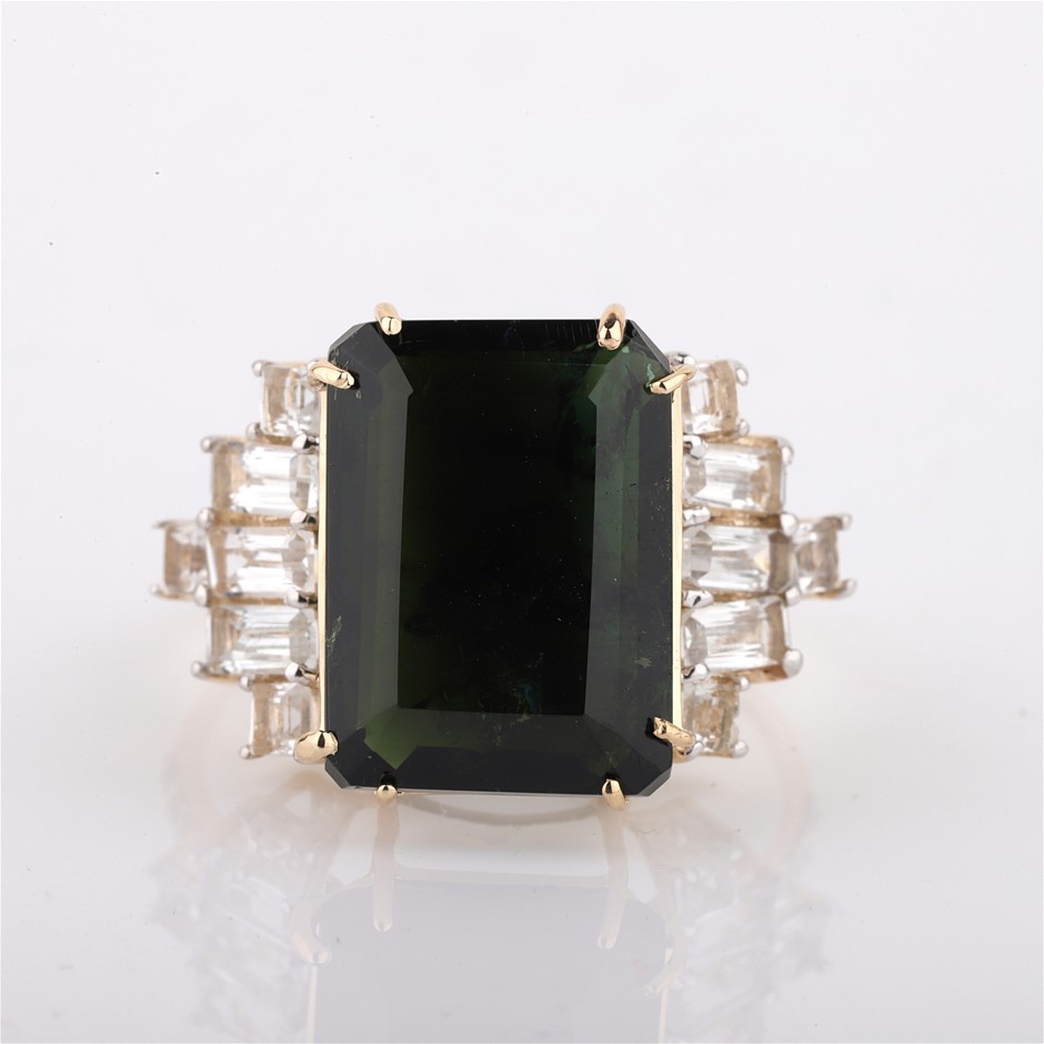 Yellow Gold 6.30ct Octagon Natural Green Tourmaline Topaz&Diamond Ring