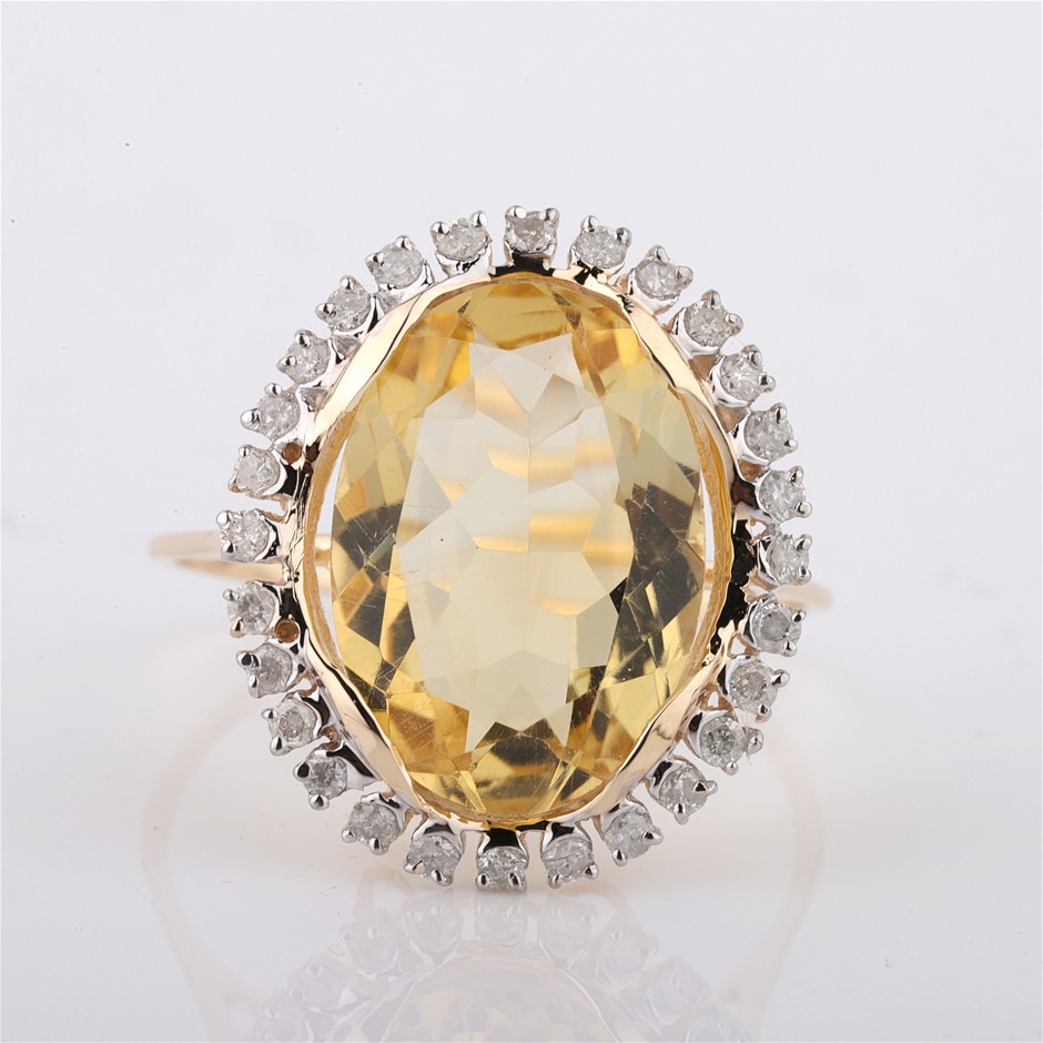 Yellow Gold 5.00ct Oval Natural Citrine & Diamond Ring with Valuation
