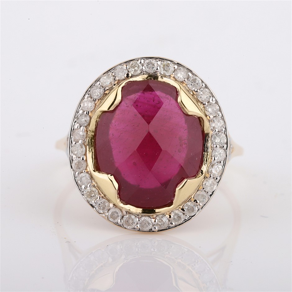Yellow Gold 5.15ct Oval Natural Ruby & Diamond Ring with Valuation