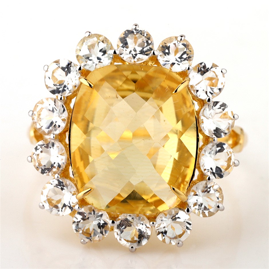 Yellow Gold 3.55ct Cushion Natural Citrine & White Topaz Ring w/ Valuation