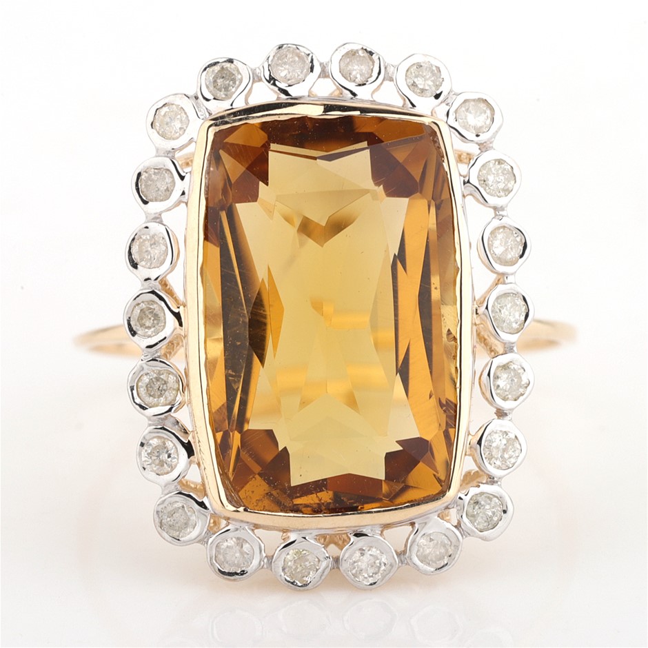Yellow Gold 5.10ct Cushion Natural Citrine & Diamond Ring with Valuation