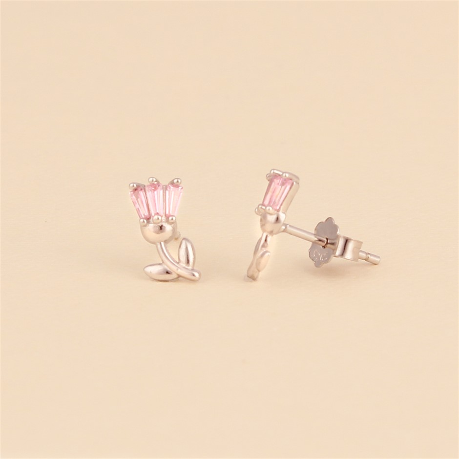 925 Sterling Silver Dainty Tulip Stud Earrings- Pink