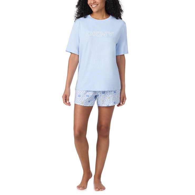 DKNY Women's 2pc Tee & Short PJ Set, Size XS, Light Blue.