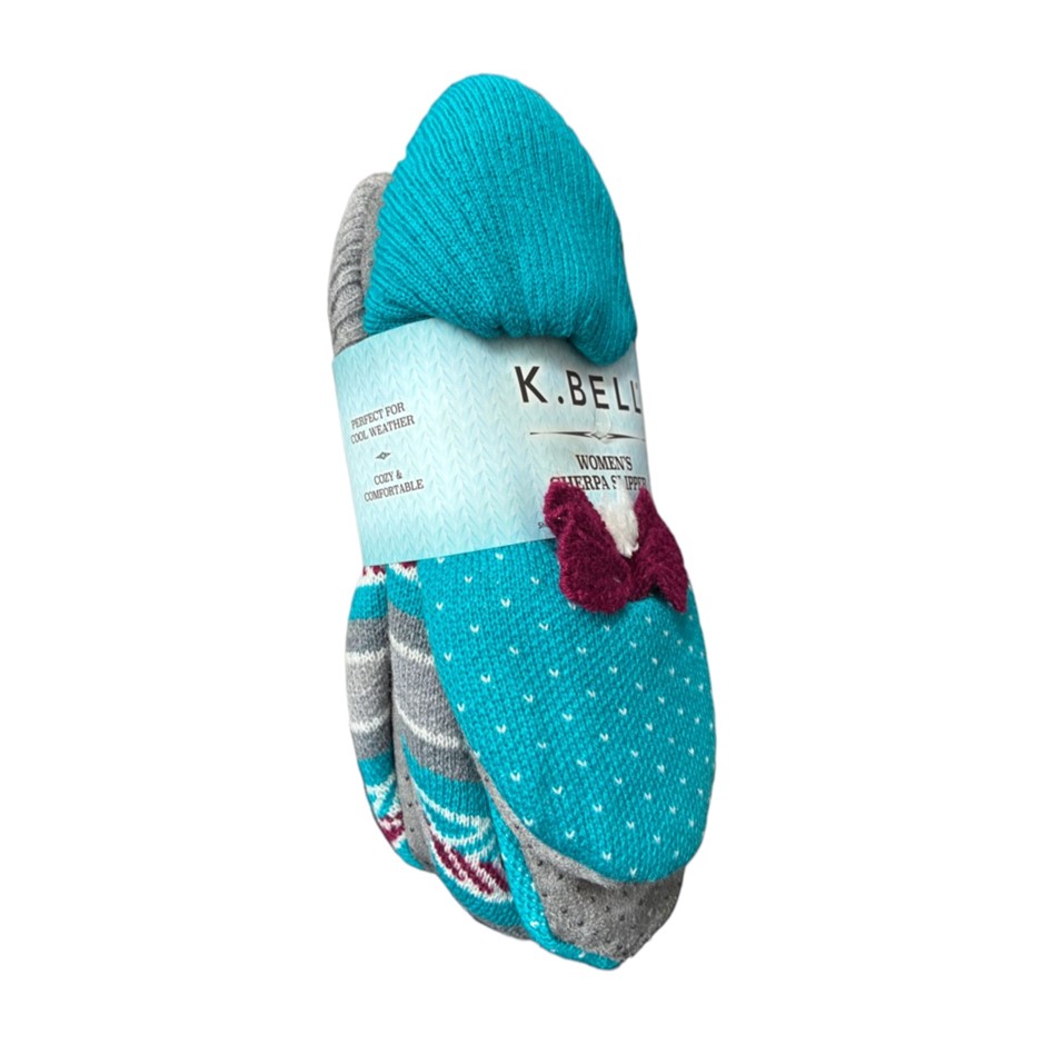 2 Pairs x K.BELL Women's Sherpa Slippers, Shoe Size S/M (5-8.5), Tile Blue
