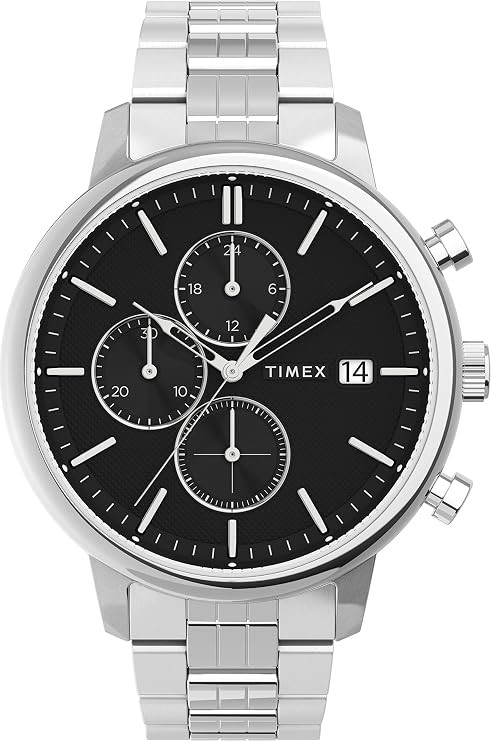 TIMEX Men's Chicago Chrono Silver-Tone Case Black Dial Stainless Steel Brac