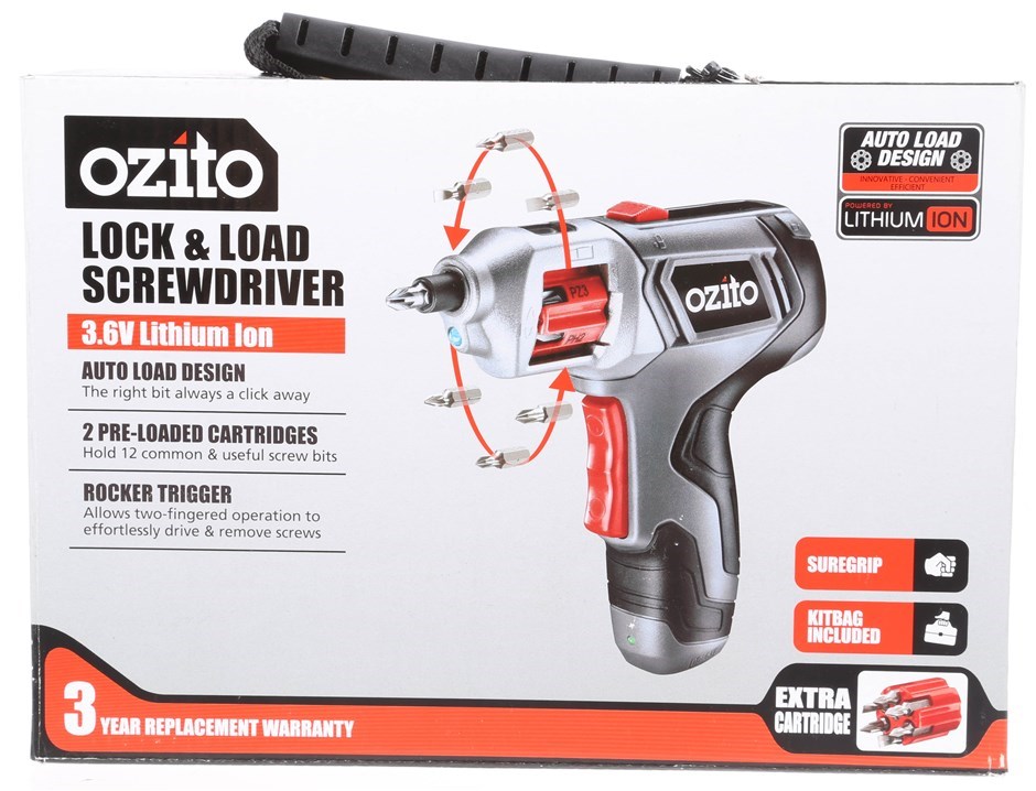 OZITO Cordless Lock & Load Screwdriver 3.6V Lithium Ion Battery c/w 12