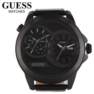 GUESS Dual Time Black Leather Strap Mens