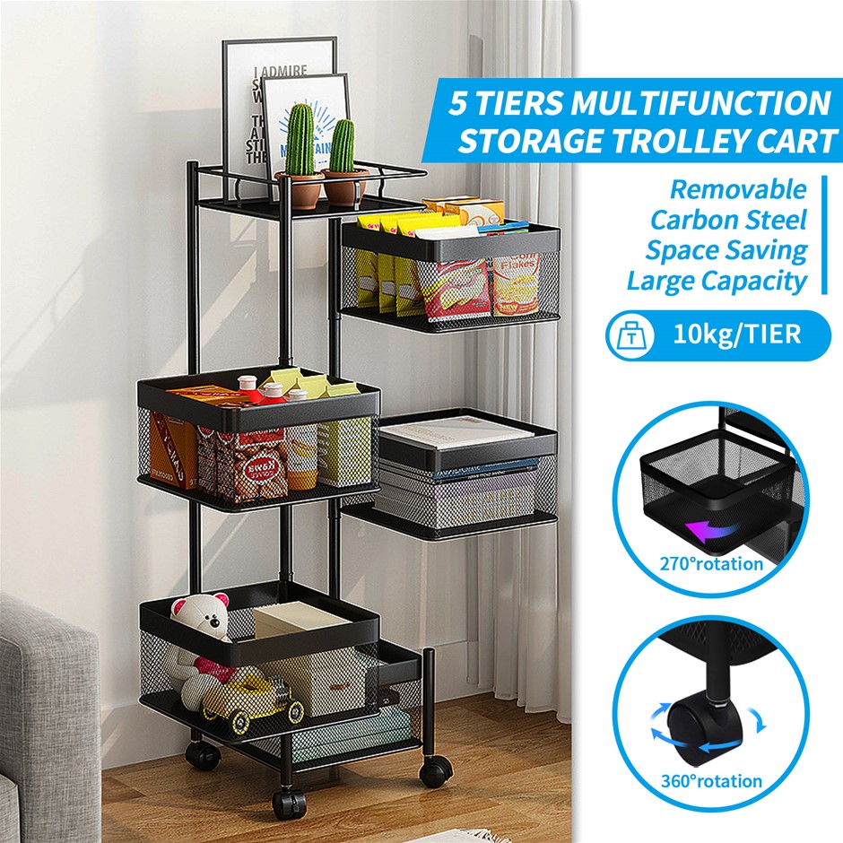 5 Tier Kitchen Trolley Cart Storage Rack with Wheels Steel Square Black