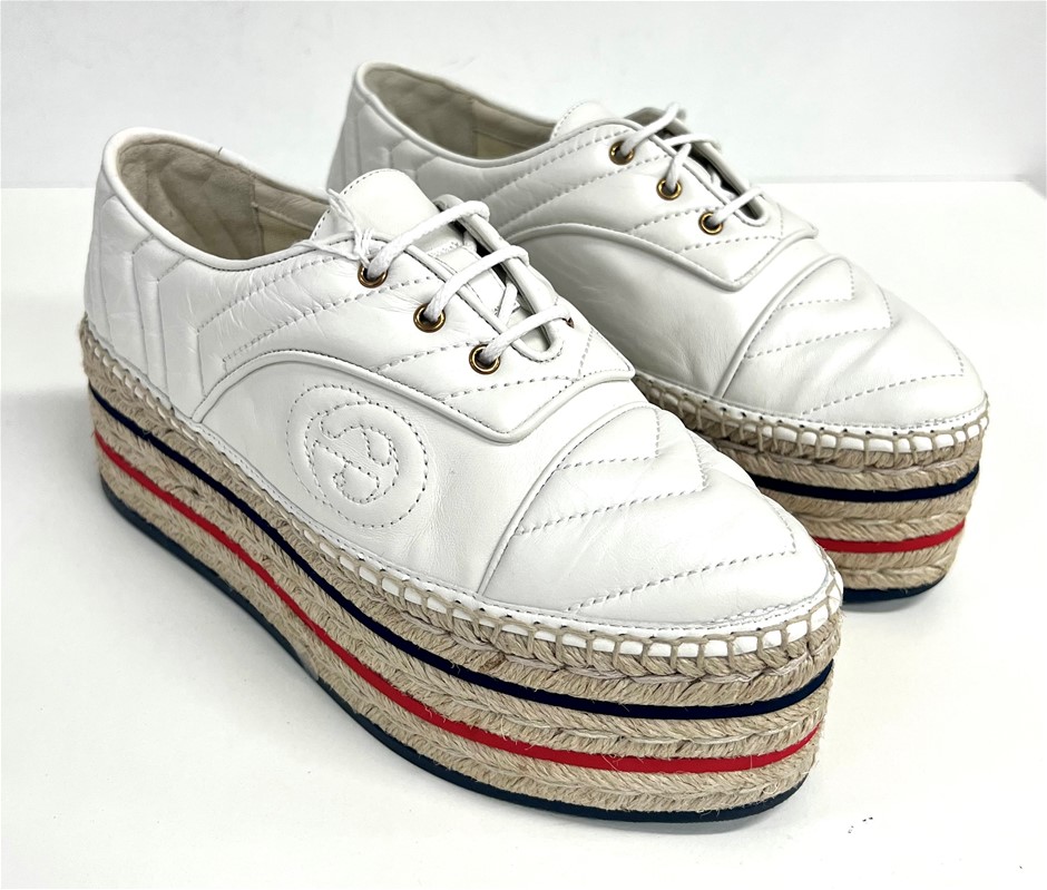 Gucci Par Amour Nappa Charlotte Platform Espadrille White Leather Shoes ...