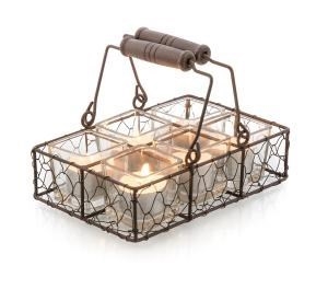 Metal 6 Candle Holder Basket with Glass